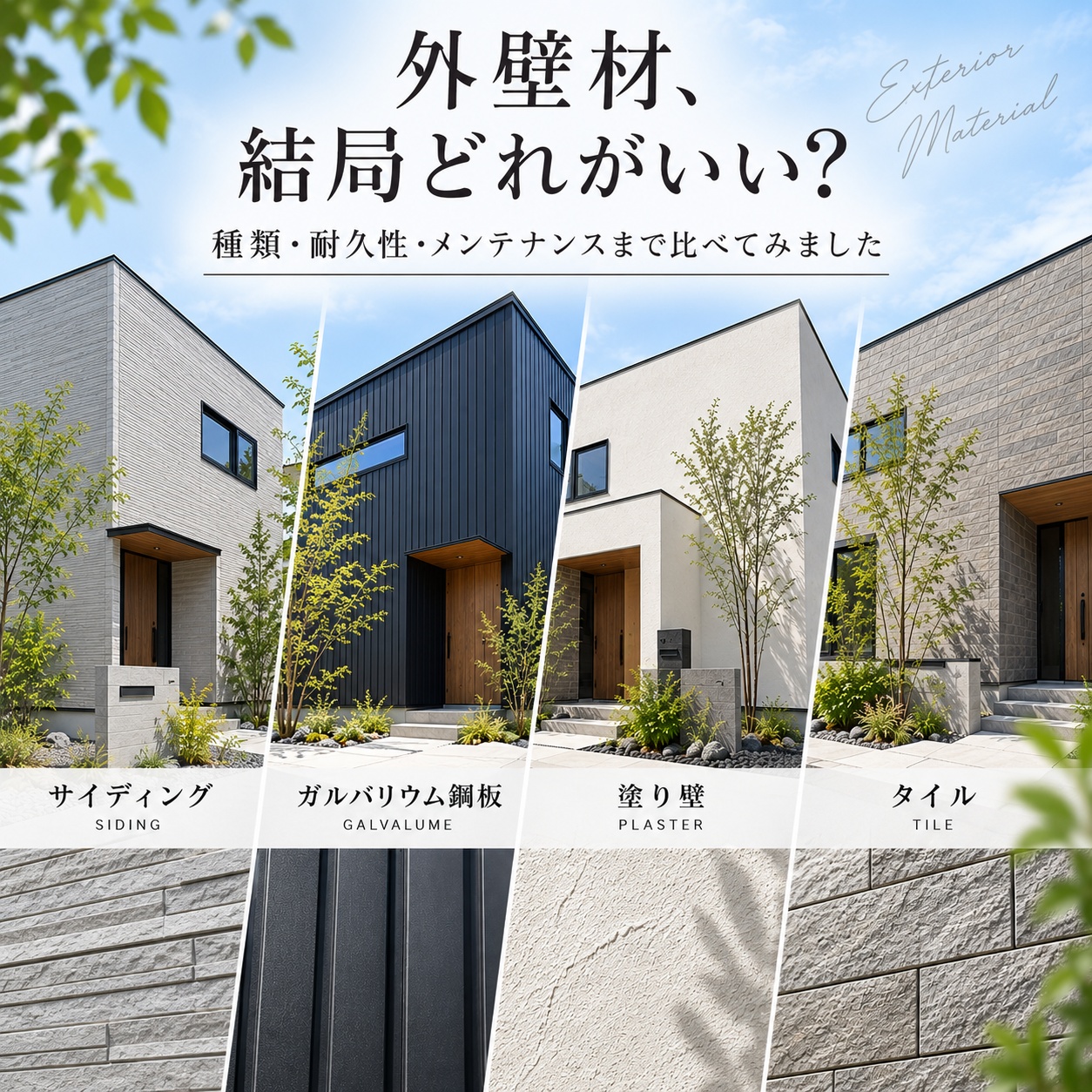 外壁材、結局どれがいい？種類・耐久性・メンテナンスまで比べてみました アイキャッチ画像